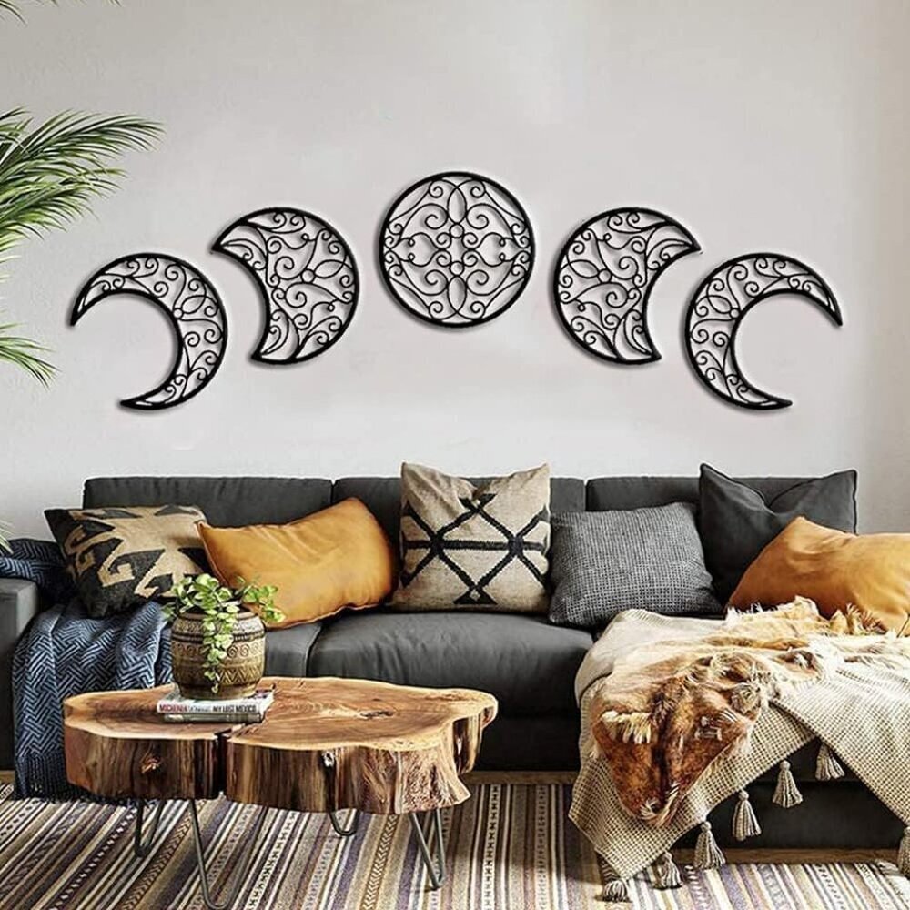 Moon Wall Decoration, Moon Phase Wall Art Decoration Hanging 5 Pieces Nordic Woo